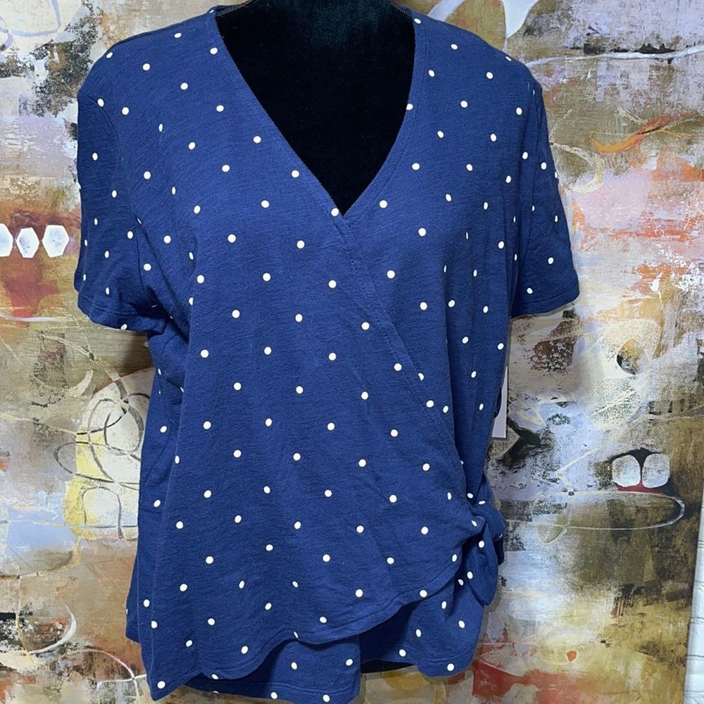 Faux Wrap S/S Navy White Polka Dot Large NWT